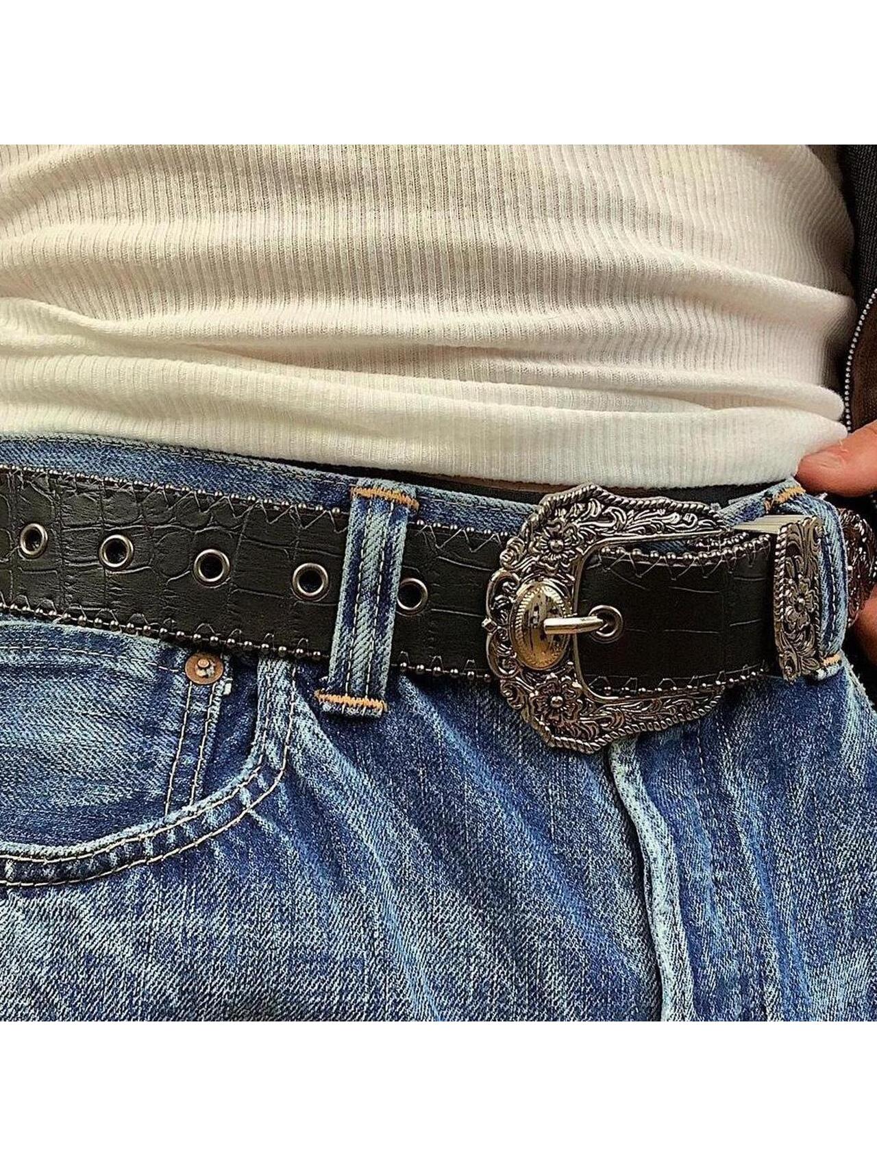 Y2k 2000s Style Black Western Silver Boho Belt. 38.5 Inches Length. Unisex